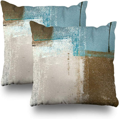 Set of 2 Decorative Pillow Case Throw Pillow Covers for Couch Indoor Bed 18 x 18 Inch, Blue Brown Abstract Art