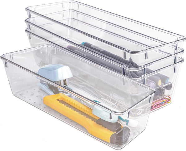 4 PCS Clear Plastic Drawer Organizer, Desk Drawer Divider for Makeup, Jewelry, Gadgets (9.0"x3.0"x2.2")