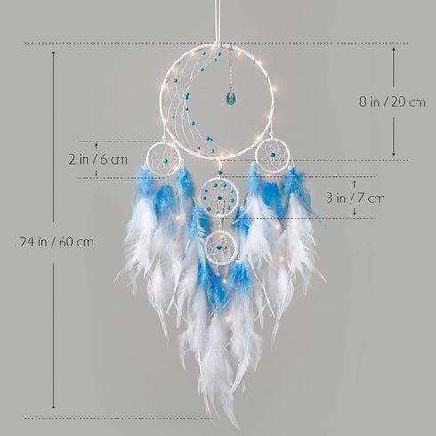 KHOYIME LED Light Up Dream Catcher Half Circle Moon Decor with Lights, Handmade Feather Dreamcatchers for Bedroom (Blue)