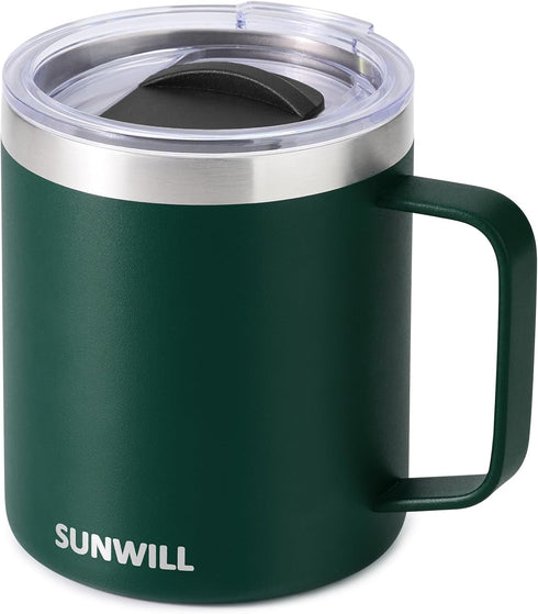 SUNWILL Insulated Travel Coffee Mug with Lid, 14 oz Stainless Steel Tumbler, Handle for Camping, Office, Outdoor,