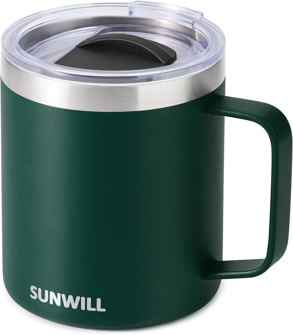 SUNWILL Insulated Travel Coffee Mug with Lid, 14 oz Stainless Steel Tumbler, Handle for Camping, Office, Outdoor,