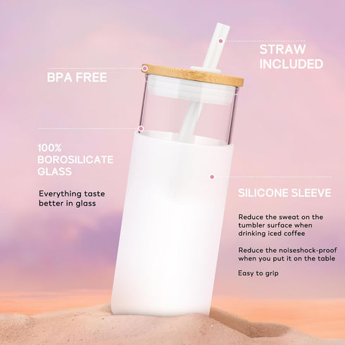 Tronco 20 oz Glass Tumbler with Lid & Straw - Iced Coffee & Smoothie Cup with Silicone Sleeve | BPA-Free, Amber
