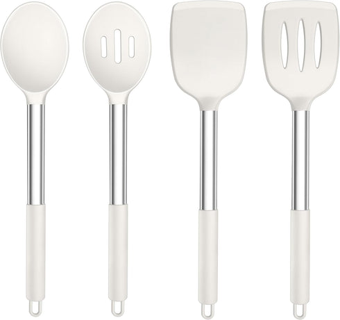 TeamFar Kitchen Utensils, 4 PCS Silicone Cooking Utensils with Stainless Steel Handle for Nonstick Cookware, Non-toxic