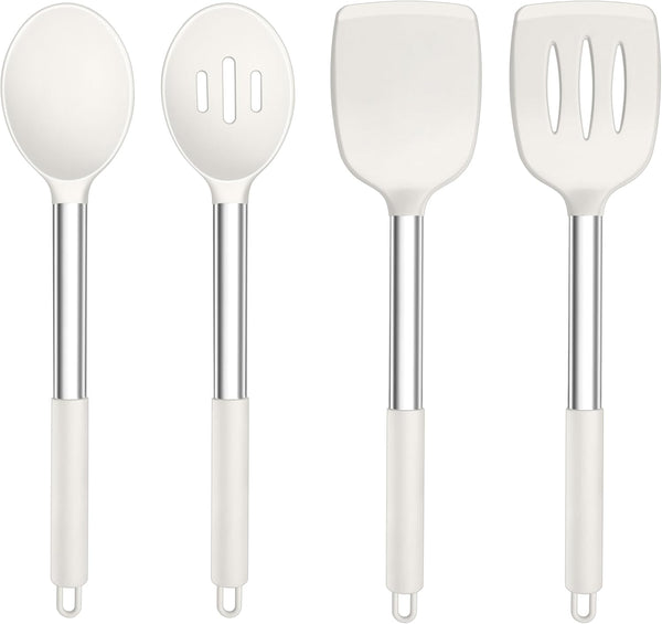 TeamFar Kitchen Utensils, 4 PCS Silicone Cooking Utensils with Stainless Steel Handle for Nonstick Cookware, Non-toxic