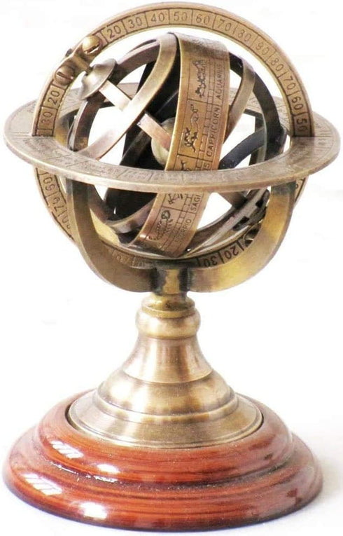 Brass Armillary Sphere Astrolabe on Wooden Base, Maritime Nautical Collectible