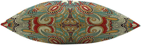 Mugod Traditional Ethnic Paisley Flower Throw Pillow Cover - Red Teal White Yellow Cotton Linen 18x18 Inch