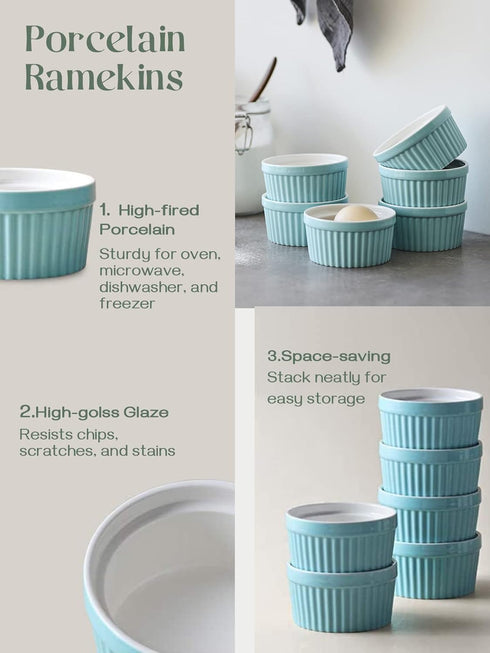 DOWAN Ramekins Set of 6, 4 oz Porcelain Ramekins for Baking Souffle, Oven Safe, Classic Style, Blue