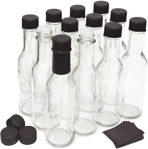 nicebottles Hot Sauce Bottles with Black Caps & Shrink Bands, 5 Oz