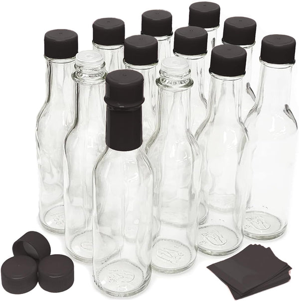 nicebottles Hot Sauce Bottles with Black Caps & Shrink Bands, 5 Oz