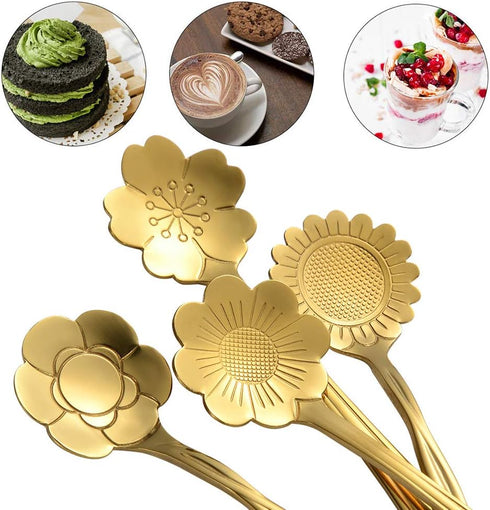 AnSaw 8 Piece Flower Scoop Set - Stainless Steel Reusable Tea Scoops for Tea Parties, Gold
