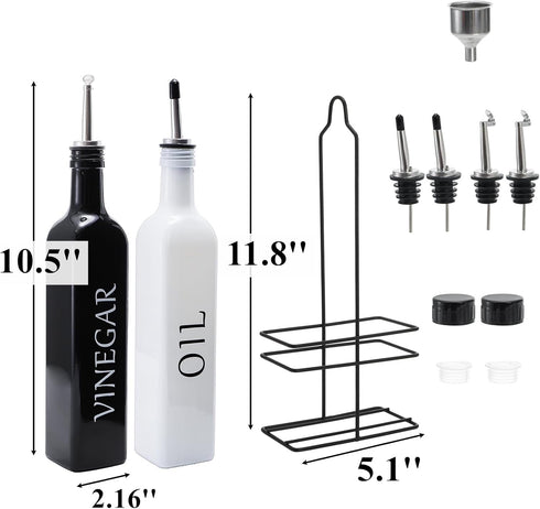 2 Pack Set 17oz Tebery Oil and Vinegar Dispenser with Caddy Holder, Black & White Olive Oil Dispenser Bottle, Cute