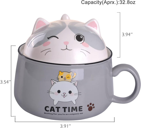 WHJY Cute Ramen Bowl Set,Kitty Ramen Bowl with Lid, Microwavable Ramen Cooker for Instant Ramen Noodles Soup Cups With Lid – 35 oz, Grey by WHJY