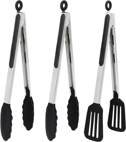 3-Piece Kitchen Tongs Set, 12 Inch Silicone Tongs with Stainless Steel Handle for Cooking, Baking, Grilling