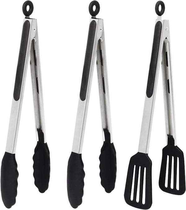 3-Piece Kitchen Tongs Set, 12 Inch Silicone Tongs with Stainless Steel Handle for Cooking, Baking, Grilling