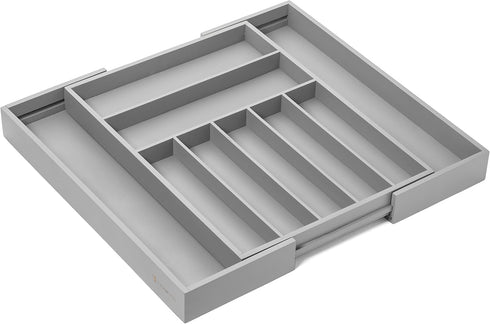 Purawood Large Bamboo Silverware Organizer - Expandable Kitchen Drawer & Utensil Tray with Drawer Dividers (Grey)