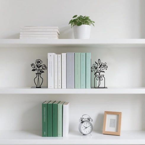 Metal Flower Book Ends Flower Vase Bookends Decorative Book Ends for Shelves Bookshelf Home Office Desk Bookshelf Decor
