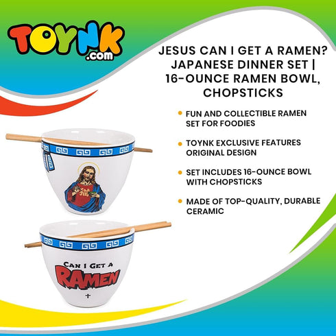 Bowl Bop Jesus Can I Get A Ramen? Japanese Ceramic Dinnerware Set, 16-Ounce Ramen Bowl and Wooden Chopsticks