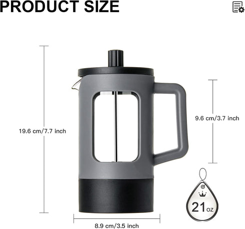 YOLIFE 21oz French Press Coffee Maker 2 Cup, Heat-resistant Borosilicate Glass, 4-Level Filters, Portable Cold Brew for Travel, Home (Grey and Black) by YOLIFE