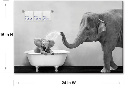 Piy Painting Elephant Bathroom Decor Wall Art, Funny Canvas Prints of Mother and Child Playing Water in Bath Crock