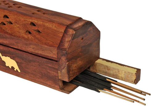raajsee Beautiful Handmade Wooden Brown Incense Stick Holder Burner Coffin Box - Ash Catcher with Brass Inlay - Home
