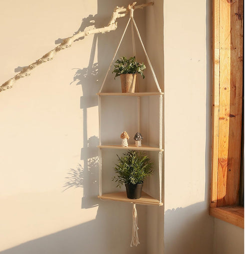 Artilady White Corner Floating Shelves Wall Hanging- Macrame 3 Tier Corner Shelf