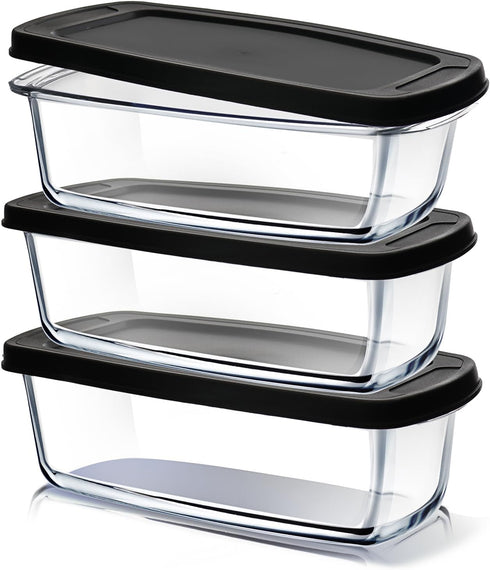 EATEX Glass Bread Pans for Homemade Baking, 1.9 Quart Deep Rectangular Food Storage Containers with Lids, 3 Loaf Pans