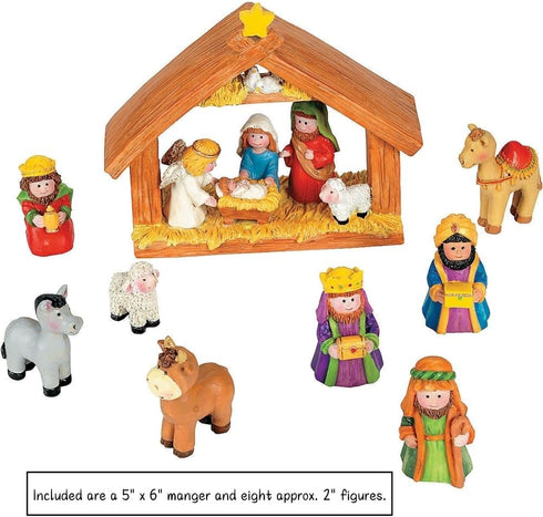 Fun Express Mini Christmas Nativity Set, 9 Pieces with Stable, Jesus, Mary, Joseph, Wisemen - Red, Blue, Green, Beige,