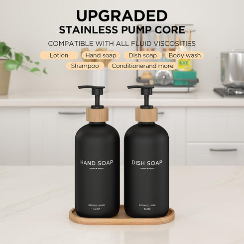 Set,16oz Pump,Countertop Hand and Dish Soap Dispenser Glass Bottles with Printed Labels, Bamboo Tray & Soap Dispensers