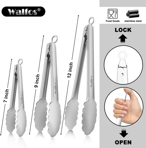 Walfos All Metal Kitchen Tongs: Heavy Duty 600? Heat Resistant Stainless Steel Tongs Set of 3 (7, 9, 12 Inch)