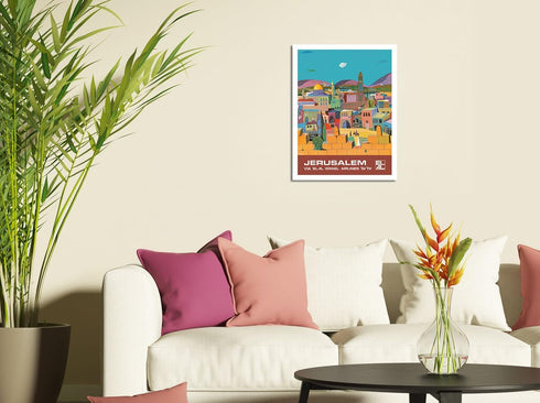 Vintage Airline Travel Poster - Jerusalem Israel via El Al Airlines by Peri Rosenfeld c.1970s, 12x16in