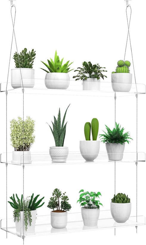 ZerzSemp 3-Tier 16 Inch Hanging Clear Plant Shelves for Windows, Acrylic Window Wall Plant Stand Shelf for Kitchen