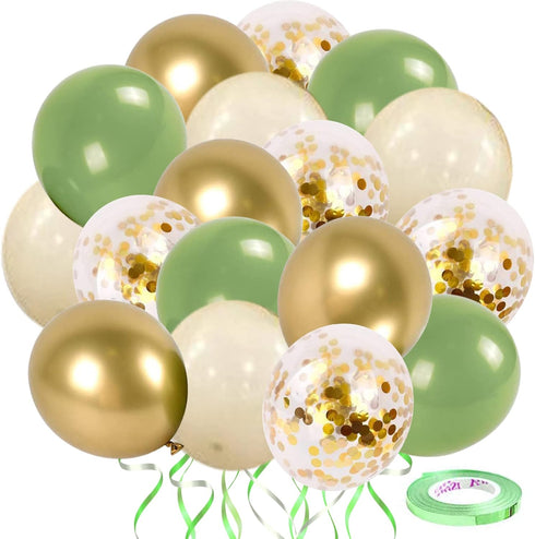 Sage Green Gold Confetti Balloons, 50 pcs Olive Green Blush Gold Metallic Latex Balloons for Party Decorations