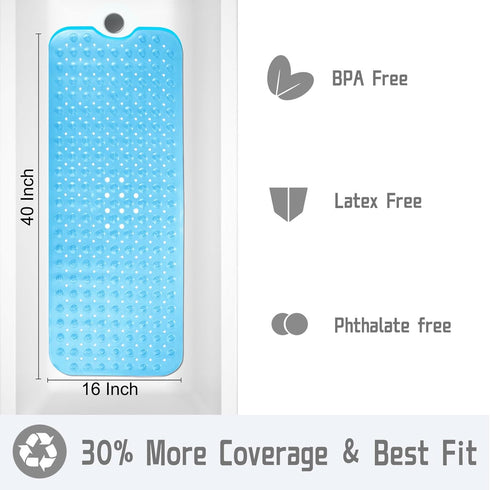 Yimobra Non Slip Bathtub Mat - 40 x 16 Inch, Extra Long Shower Mat with Drain Holes, Clear Blue