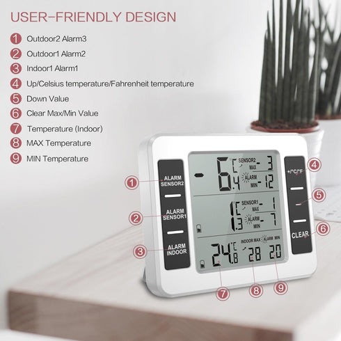 Refrigerator Thermometer - LCD Digital Temperature Meter with Audible Alarm and Max/Min Record Function
