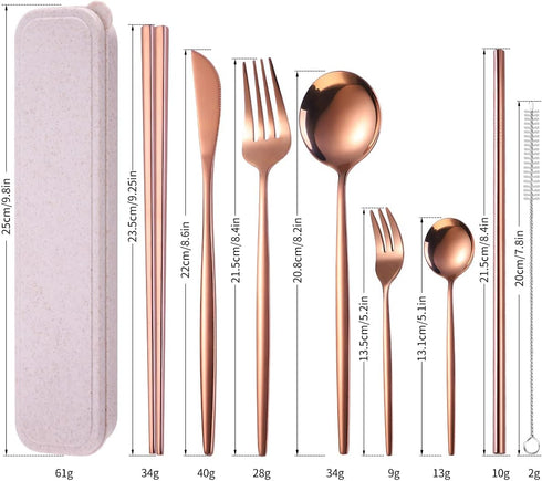 AARAINBOW 8 Pieces Stainless Steel Flatware Set Portable Reusable Cutlery Set Travel Utensils Set Including Chopsticks Knife Fork Spoon Straws Cleaning Brush Dishwasher Safe (Rose Golden) by AARAINBOW