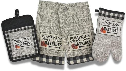 Serafina Home Farmhouse Black White Check Kitchen Towels and Pot Holder Set, Country Pumpkin Apple Cider Invitation