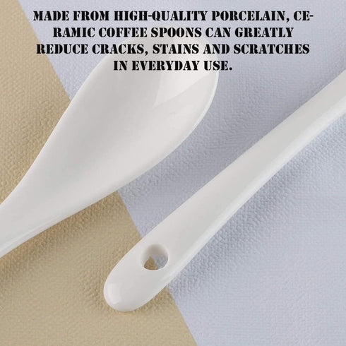 AKOAK 6.7" Ceramic Egg Spoon Set of 5 - White Long-Handled Teaspoon for Coffee, Tea, Yogurt, Ice Cream