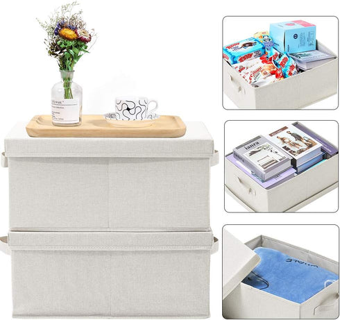 HOONEX Foldable Storage Bins with Lids, 2 Pack, Beige Storage Boxes for Shoes, Books, Clothes, Linens