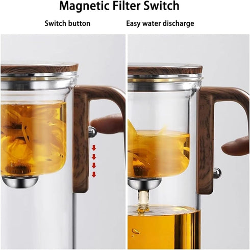 900ML Enchanti Magic Tea Pot, Water Separation Glass Teapot with Wooden Handle, Press Control Enchanti Tea Infuser