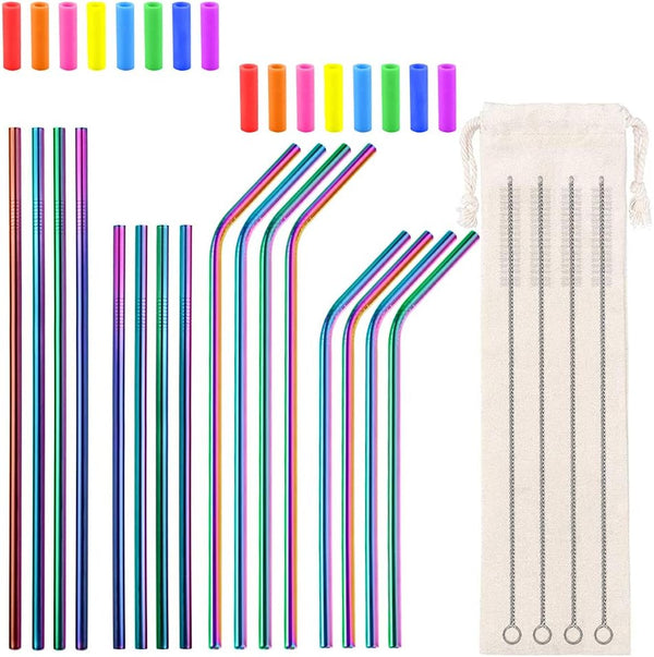 Lazycorner 16 Pcs Reusable Metal Straws, 8.5" 10.5" Stainless Steel Straws with Silicone Tips and Travel Case