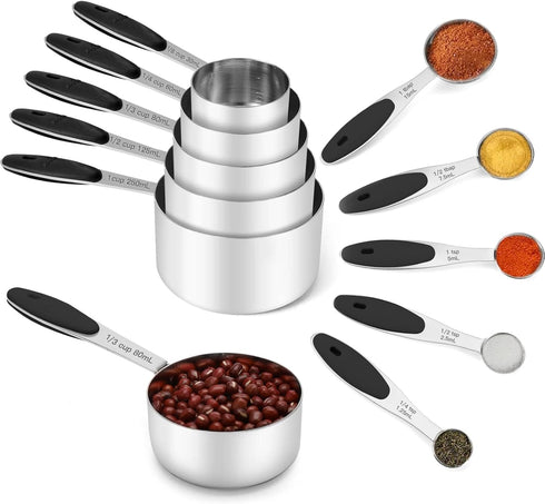 Joyhill Stainless Steel Measuring Cups and Spoons Set of 10 Piece, Nesting Metal Measuring Cups with Soft Touch