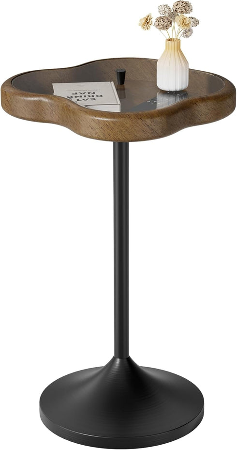 Aoligrace Small Side Table, Solid Wood End Table with Tempered Glass Top,