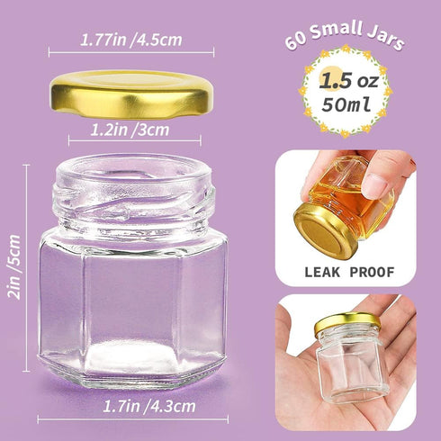 60 Pcs Small Glass Containers with Airtight Lids - 1.5 oz Mini Honey Jars for DIY Gifts