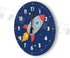 Round Wood Wall Clock, Rocket Ship Outer Space Design for Kids Room, Battery Operated, No Sound