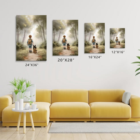 SKYSUKEY 16"x24" Boy and Dog Friend German Shepherd Dog Adventure Nursery Wall Decor, Outdoor Forest Nursery Wall Art