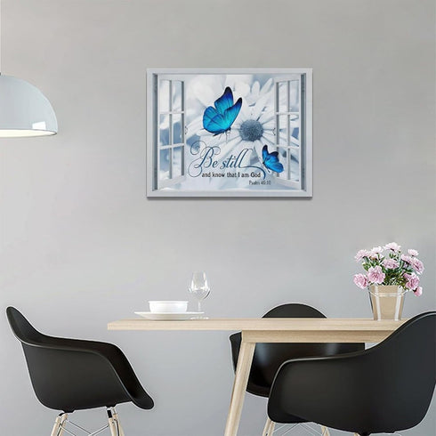 Farmhouse Blue Butterfly Flower Decor - Rustic Country Wall Art, Canvas Painting Prints for Bathroom