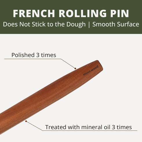 Muso Wood Sapele Wooden French Rolling Pin for Baking, Tapered Roller for Fondant, Pie Crust, Cookie, Pastry (French 17.5inch) by muso wood