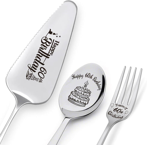 Happy 60th Birthday Personalized Laser-Engraved Stainless Steel Utensil Set, Cake Server, Spoon, and Fork