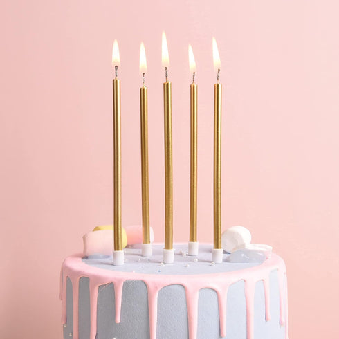 PHD CAKE Gold Long Thin Metallic Birthday Candles - Cake Decorations for Birthday Parties and Weddings