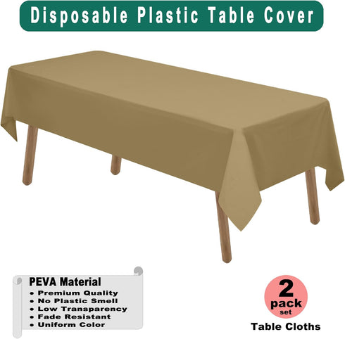 PARTY ULYJA Gold Plastic Tablecloths, 2 Pack Solid Disposable Table Covers 54 x 108 Inch for BBQ Picnic Birthday